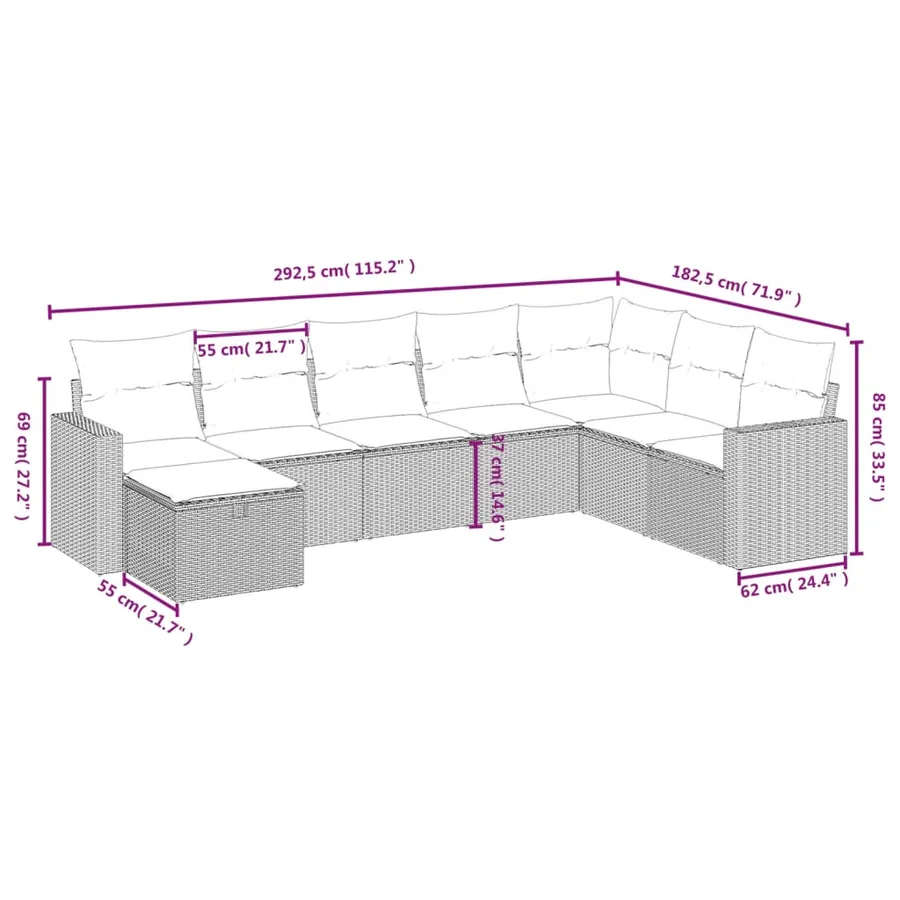 Salon de jardin 8 pcs avec coussins gris résine tressée - 4