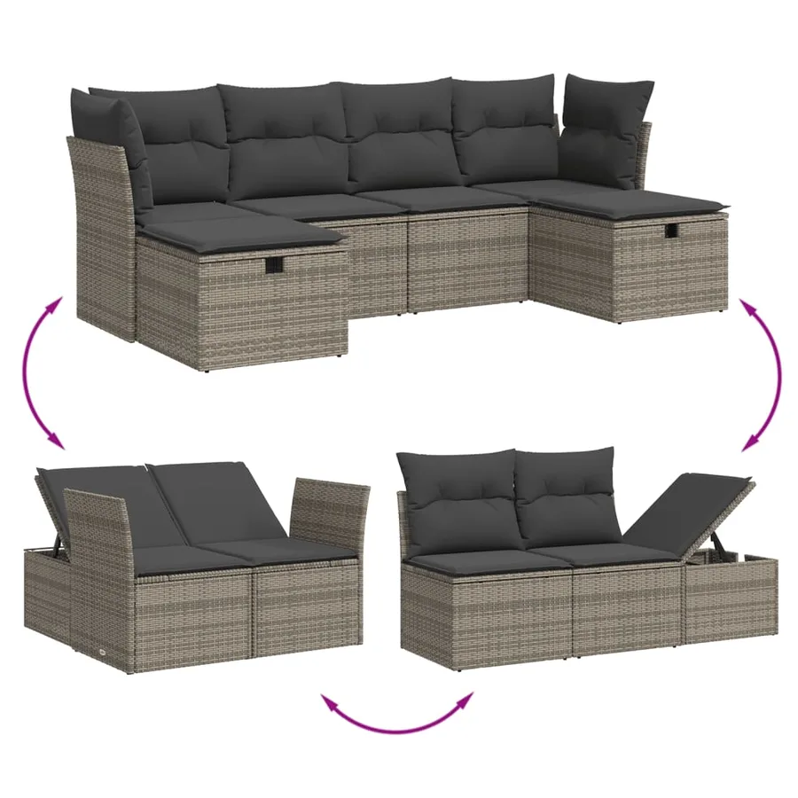 Salon de jardin 6 pcs avec coussins gris résine tressée - 3