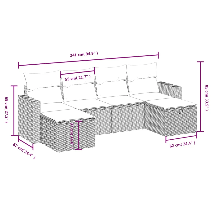 Salon de jardin 6 pcs avec coussins gris résine tressée - 4