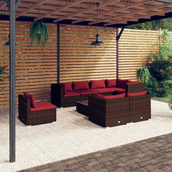 Salon de jardin 9 pcs avec coussins Résine tressée Marron