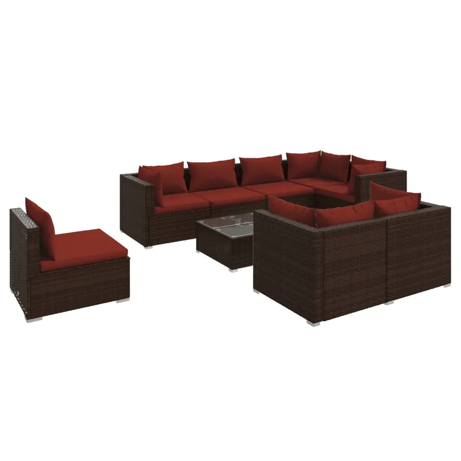 Salon de jardin 9 pcs avec coussins Résine tressée Marron - 2