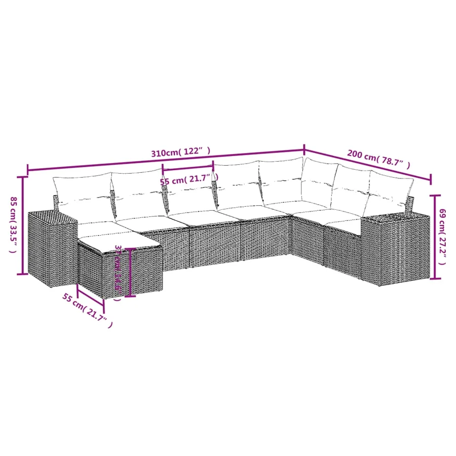 Salon de jardin 8 pcs avec coussins gris résine tressée - 4