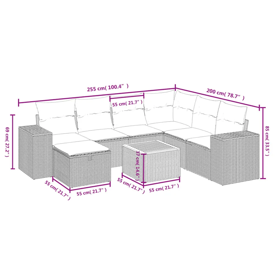 Salon de jardin 8 pcs avec coussins gris résine tressée - 4
