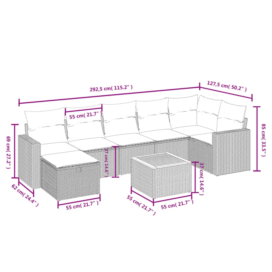 Salon de jardin 8 pcs avec coussins gris résine tressée - 4