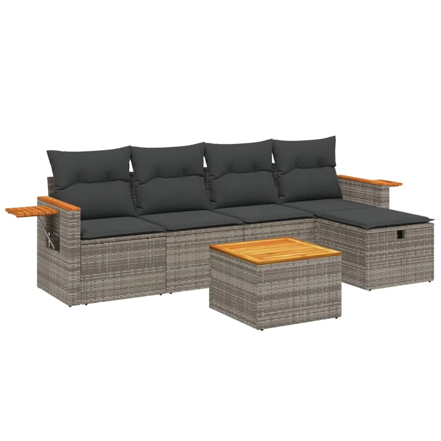 Salon de jardin 6 pcs avec coussins gris résine tressée - 2