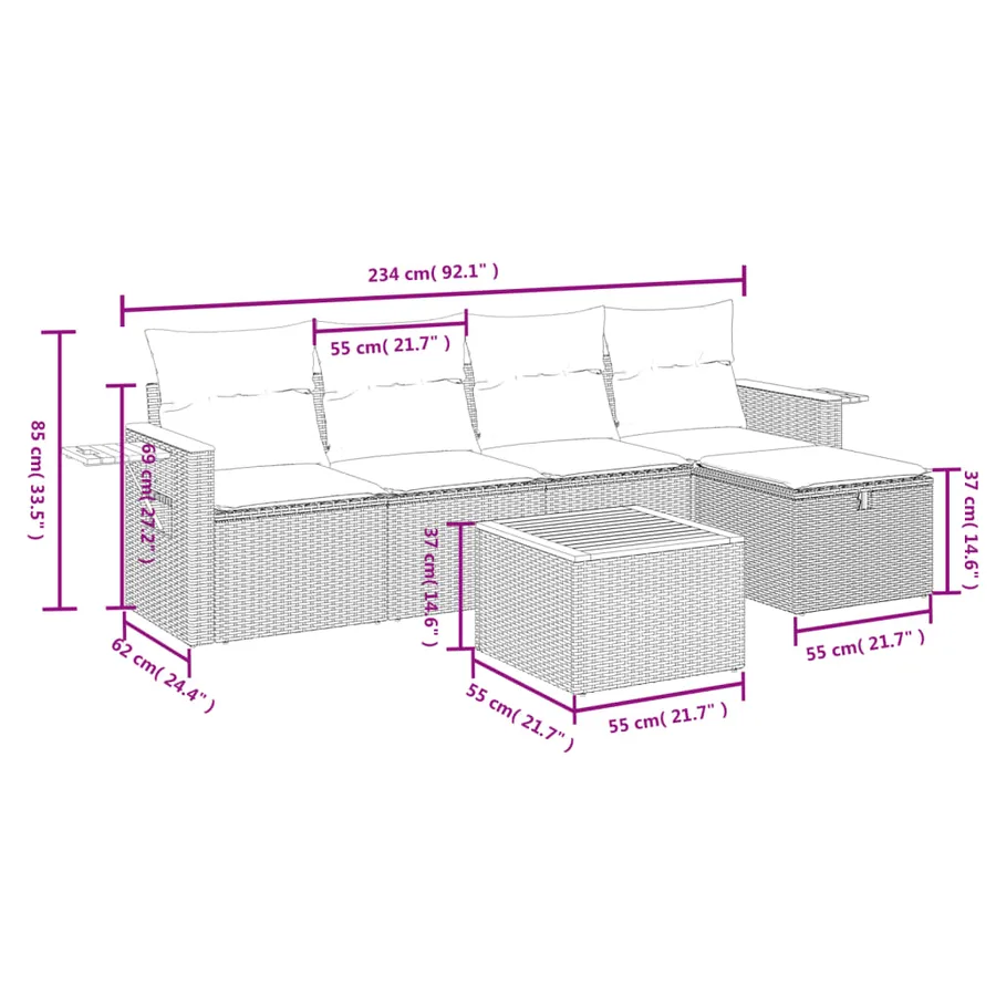 Salon de jardin 6 pcs avec coussins gris résine tressée - 4