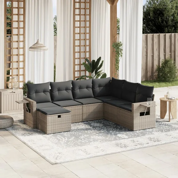 Salon de jardin avec coussins 7 pcs gris résine tressée