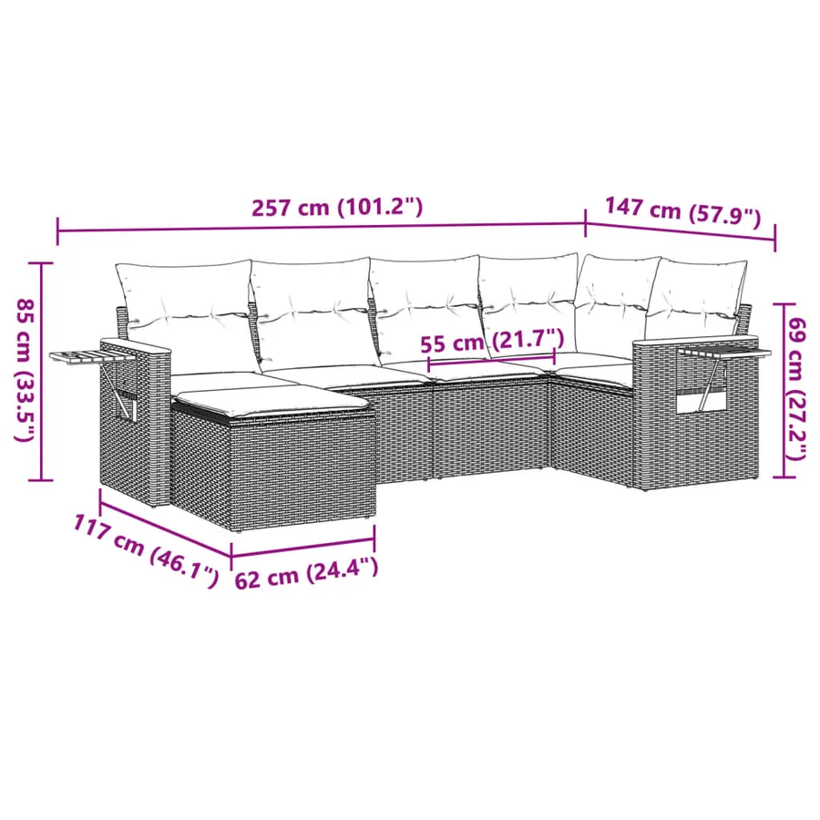 Salon de jardin 6 pcs avec coussins noir résine tressée - 3
