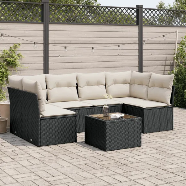 Salon de jardin 7 pcs avec coussins noir résine tressée 62 x 62 x 69 cm - 57,8 kg