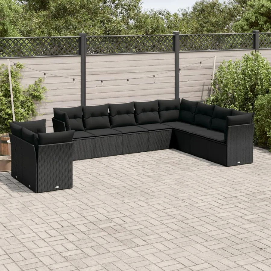 Salon de jardin 10 pcs avec coussins noir résine tressée