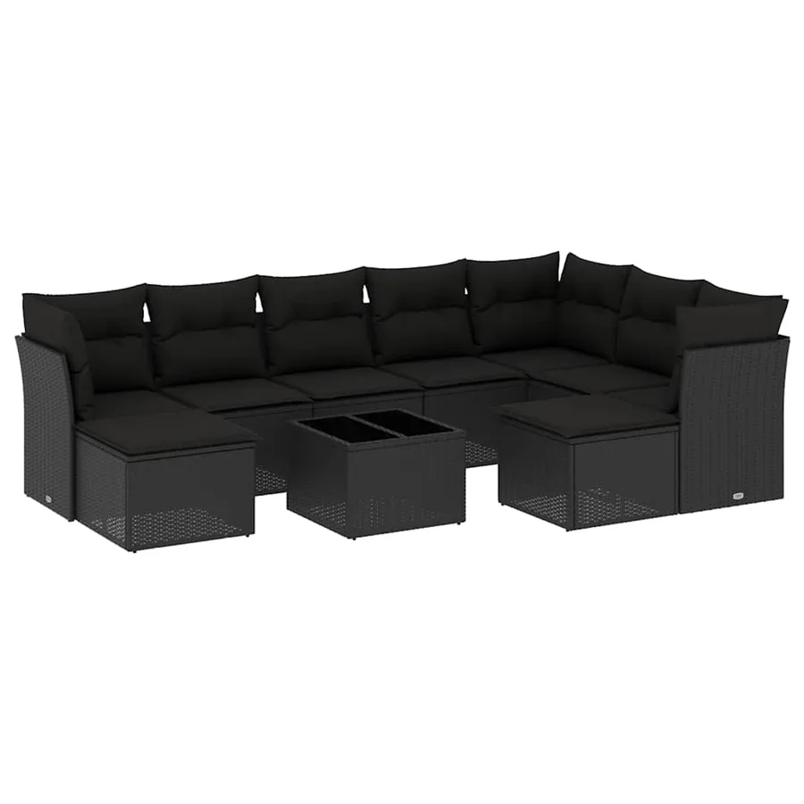 Salon de jardin 10 pcs avec coussins noir résine tressée - 2