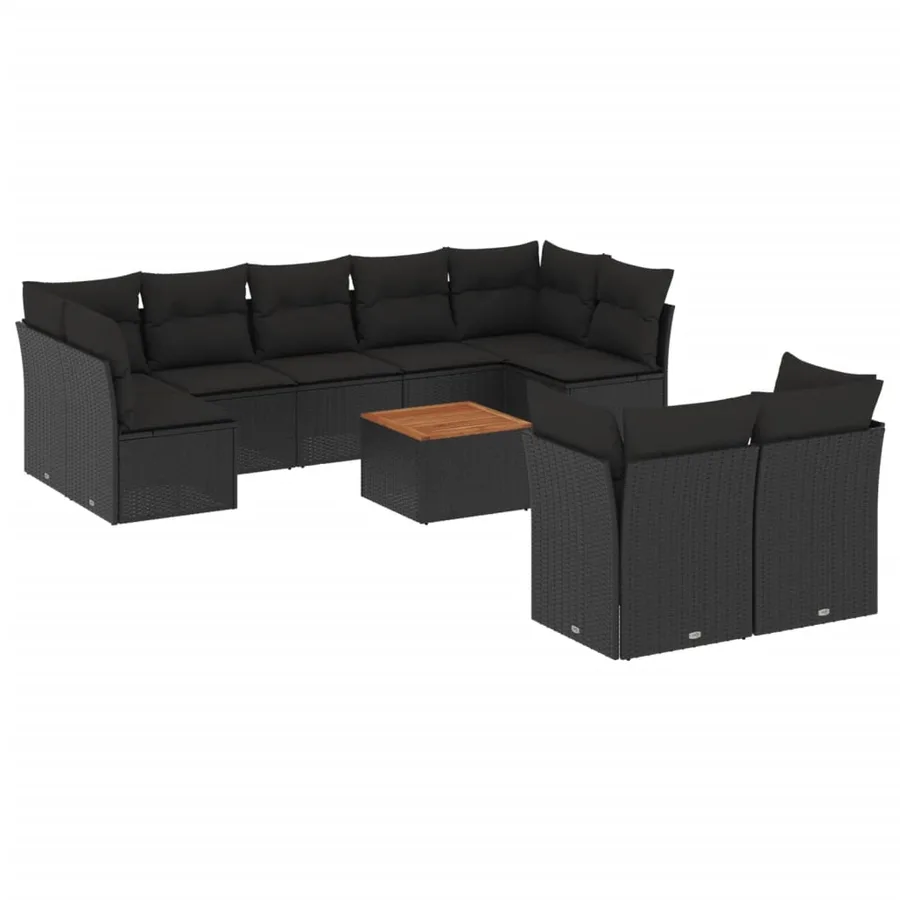 Salon de jardin 10 pcs avec coussins noir résine tressée - 2