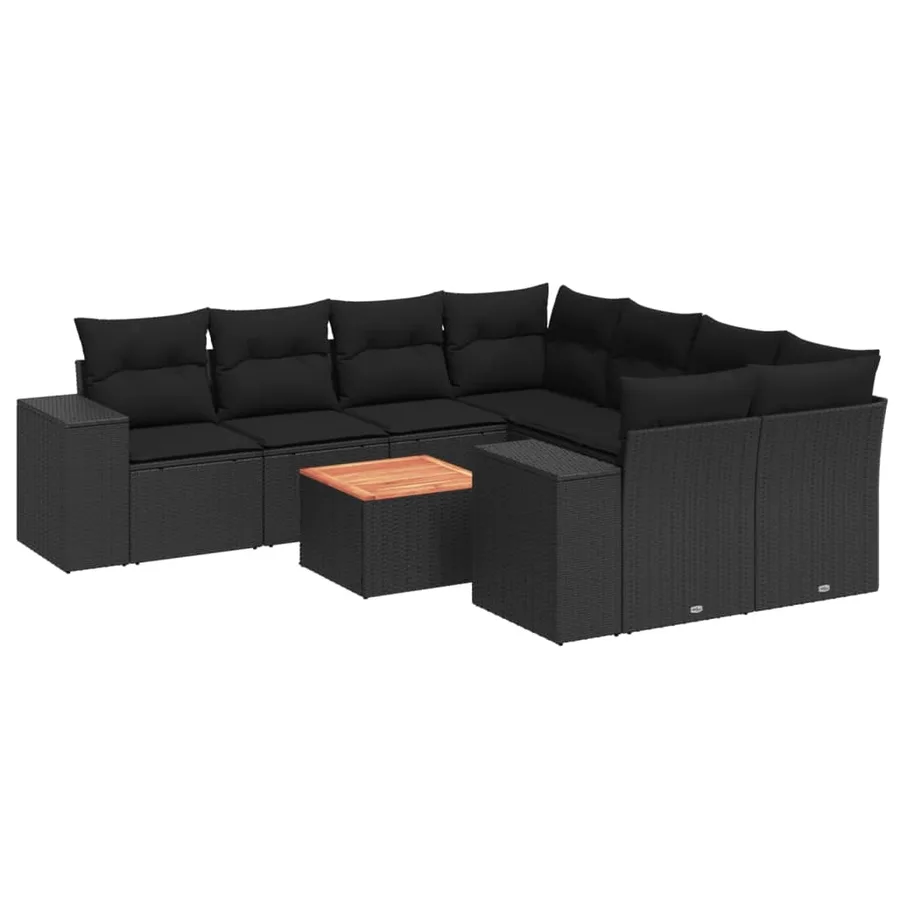Salon de jardin 9 pcs avec coussins noir résine tressée - 2