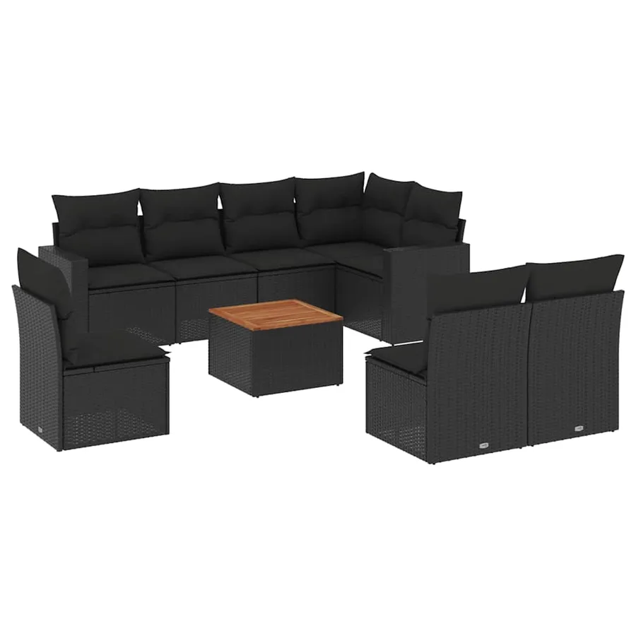 Salon de jardin 9 pcs avec coussins noir résine tressée - 2