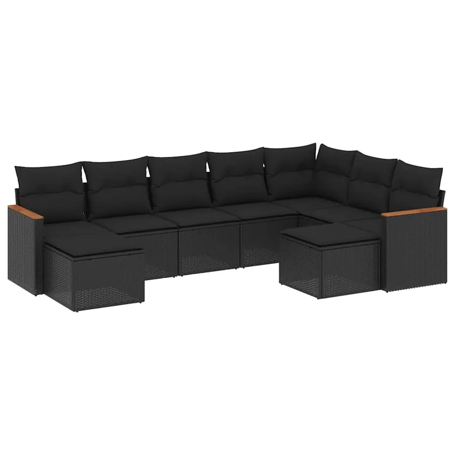Salon de jardin 9 pcs avec coussins noir résine tressée - 2