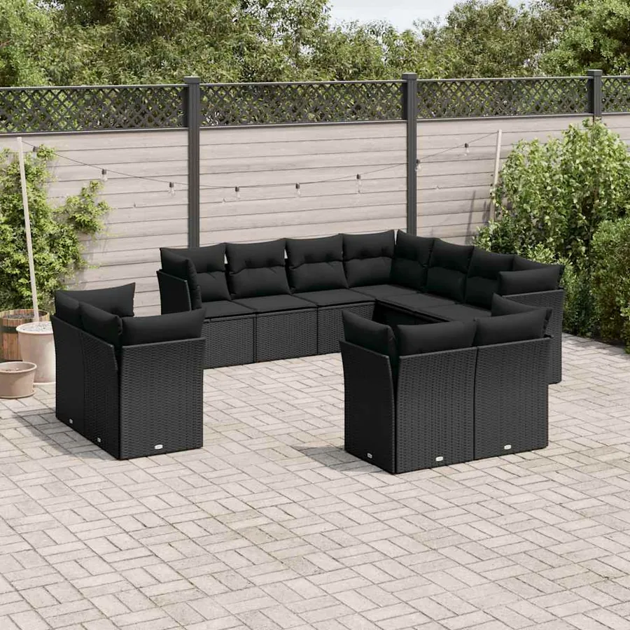 Salon de jardin 11 pcs avec coussins noir résine tressée