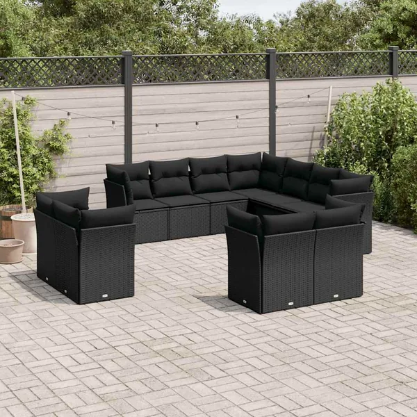 Salon de jardin 11 pcs avec coussins noir résine tressée