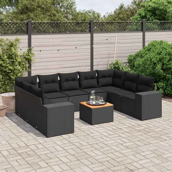 Salon de jardin 10 pcs avec coussins noir résine tressée