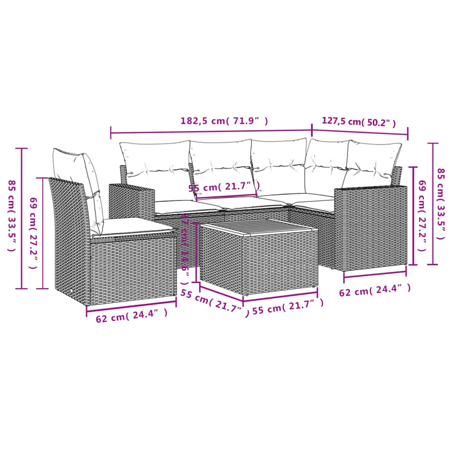 Salon de jardin 6 pcs avec coussins noir résine tressée - 12