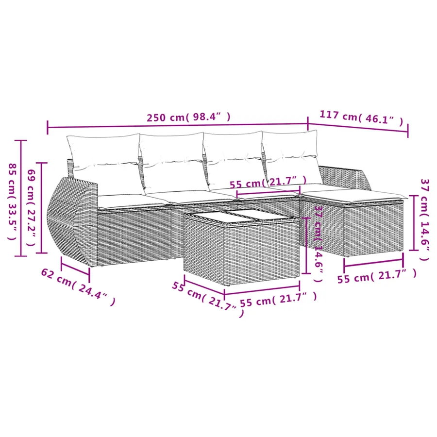 Salon de jardin 6 pcs avec coussins gris résine tressée - 3