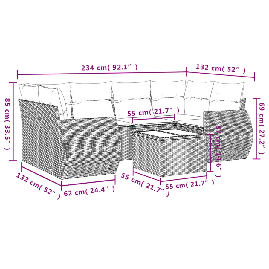 Salon de jardin 7 pcs avec coussins noir résine tressée 62 x 62 x 69 cm - 59,6 kg - 8