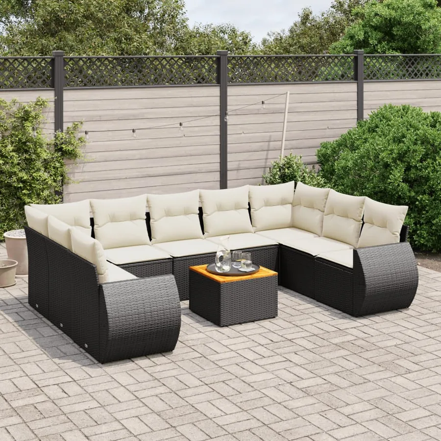 Salon de jardin 10 pcs avec coussins noir résine tressée