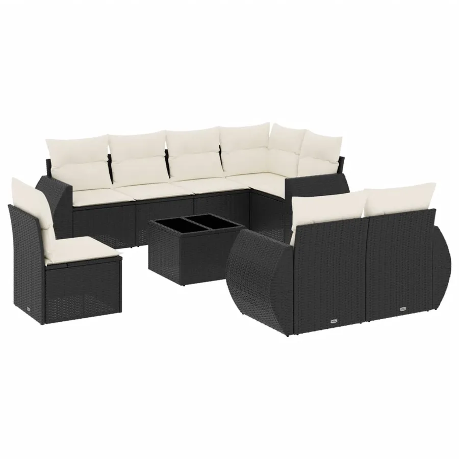 Salon de jardin 9 pcs avec coussins noir résine tressée - 2