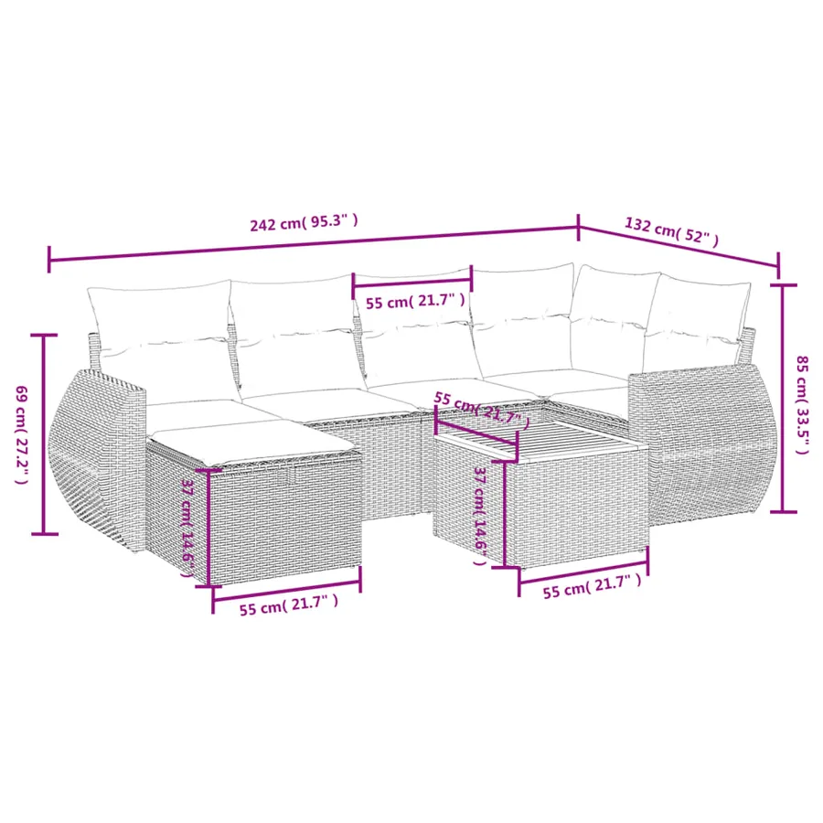 Salon de jardin 7 pcs avec coussins noir résine tressée 62 x 62 x 69 cm - 56,3 kg - 4