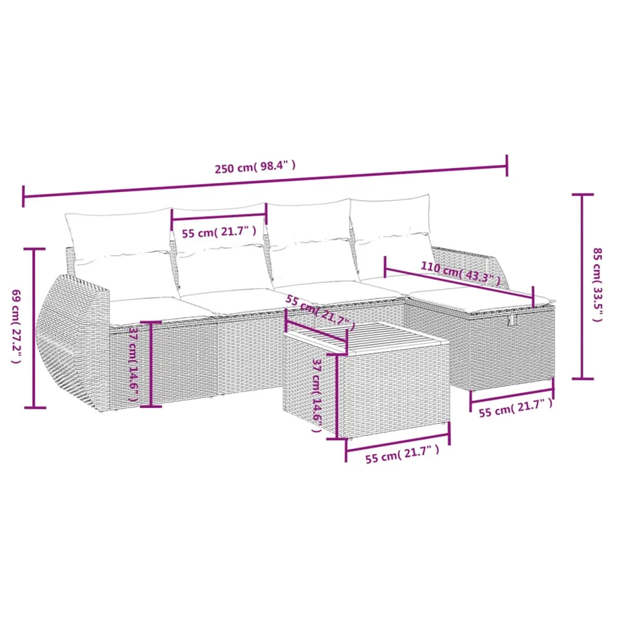 Salon de jardin 6 pcs avec coussins gris résine tressée - 4