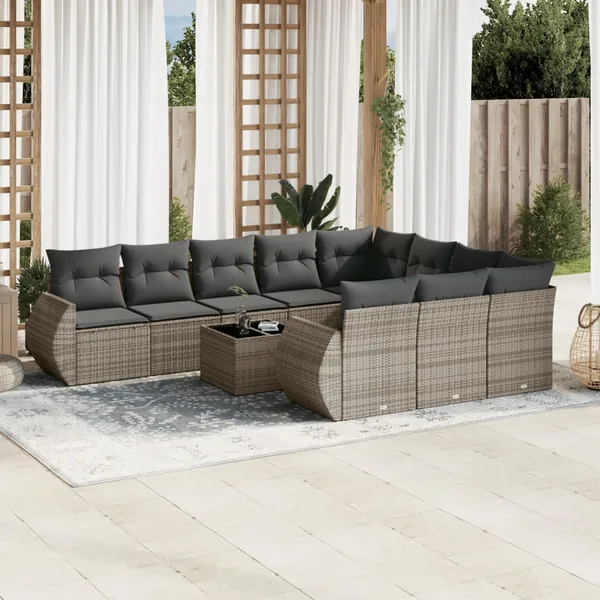 Salon de jardin 11 pcs avec coussins gris résine tressée