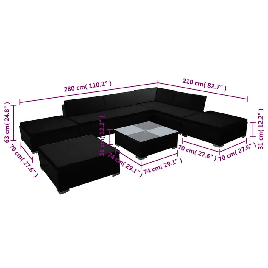 Salon de jardin 8 pcs avec coussins résine tressée noir - 6