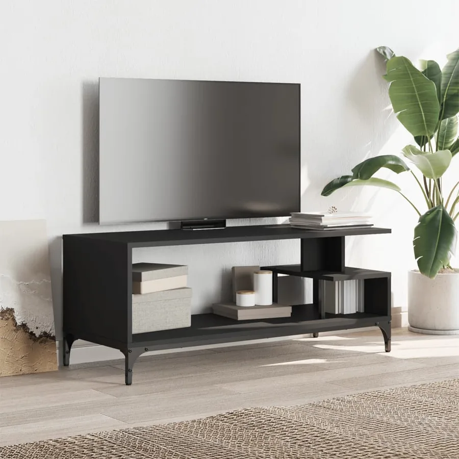 Meuble TV noir bois d'ingénierie et acier enduit de poudre - 3