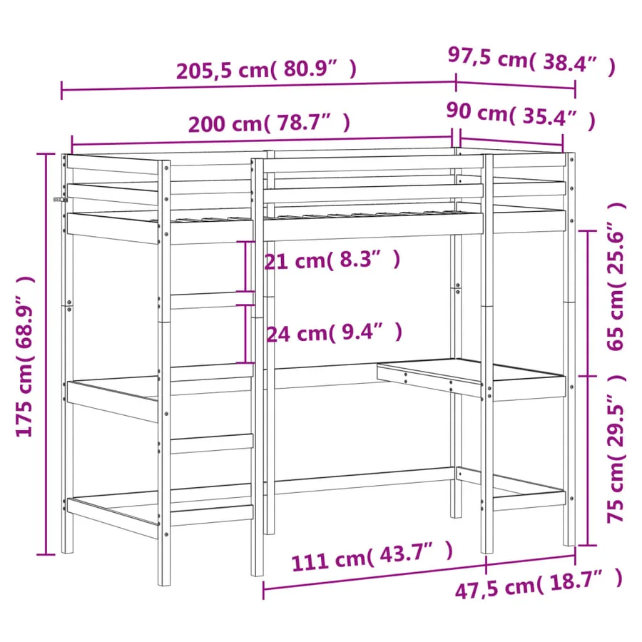 Lit superposé sans matelas blanc 90x200 cm bois de pin massif - 10