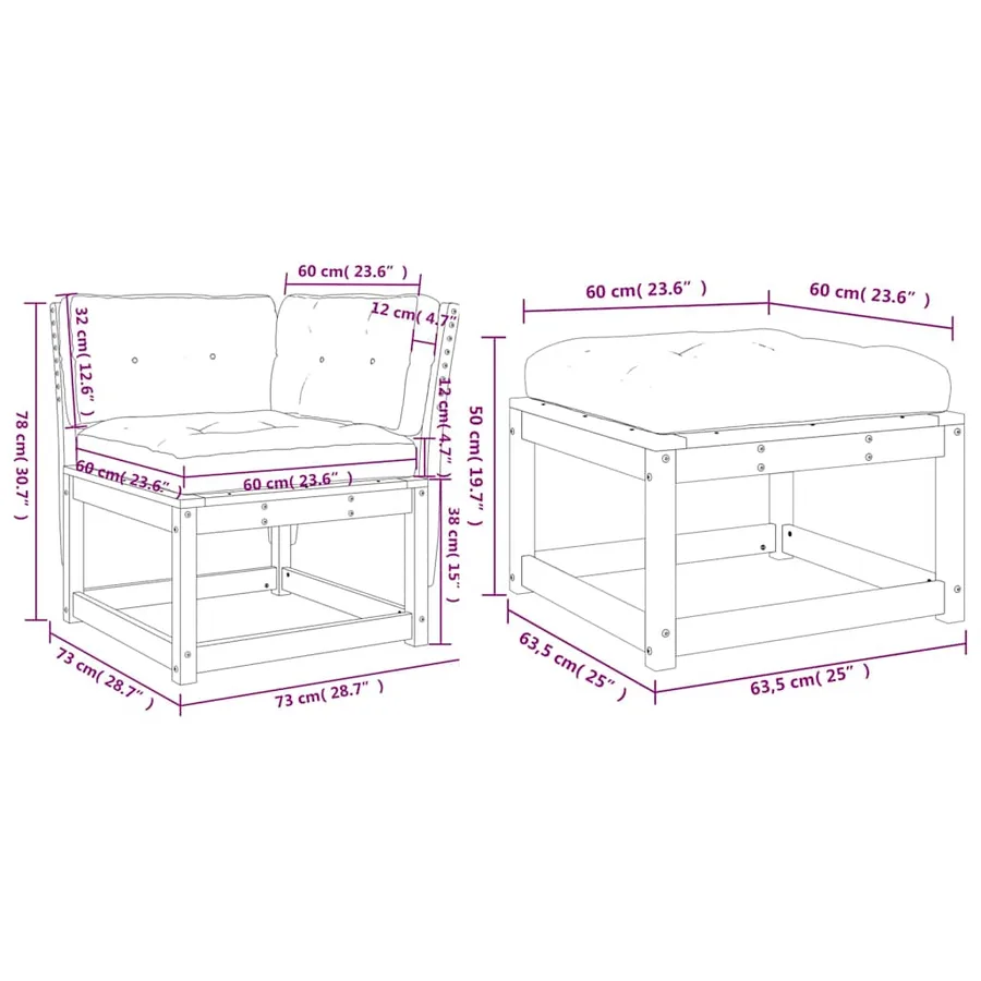 Salon de jardin 3 pcs avec coussins blanc bois massif de pin - 9
