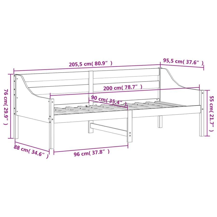 Lit de jour sans matelas 90x200 cm bois de pin massif - 9