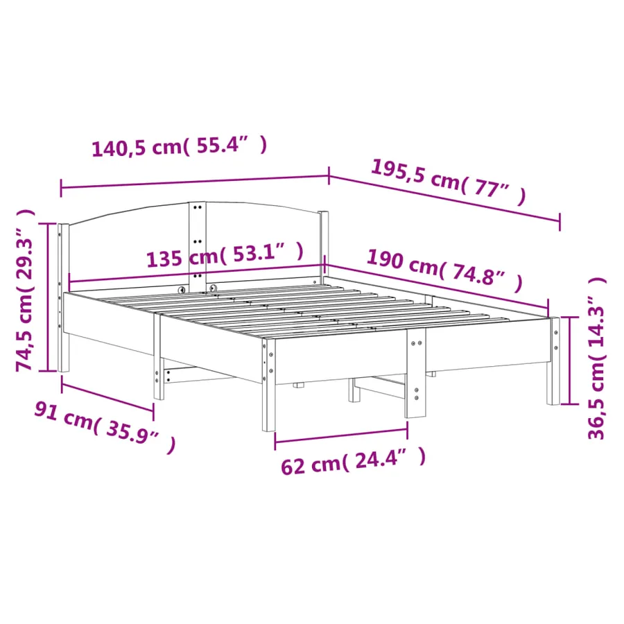 Cadre de lit sans matelas 135x190 cm bois de pin massif - 9