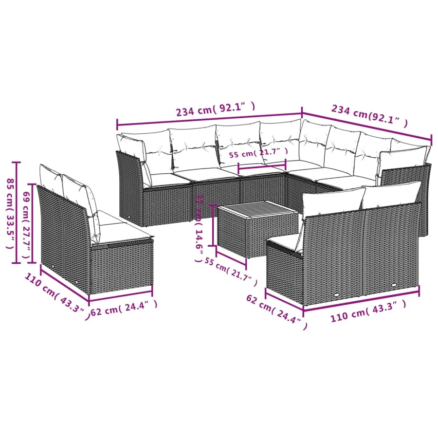 Salon de jardin 12 pcs avec coussins noir résine tressée - 10