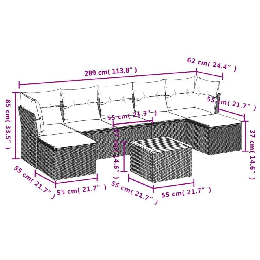 Salon de jardin 8 pcs avec coussins noir résine tressée - 11
