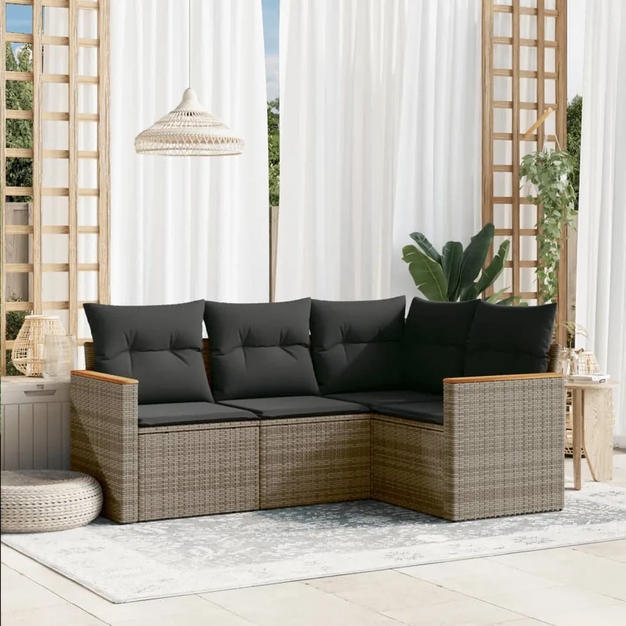 Salon de jardin 4 pcs avec coussins gris résine tressée