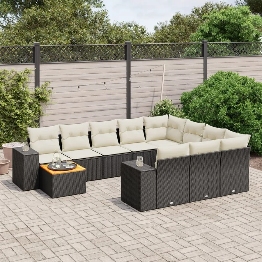 Salon de jardin 11 pcs avec coussins noir résine tressée