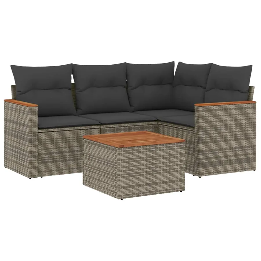 Salon de jardin 5 pcs avec coussins gris résine tressée - 2