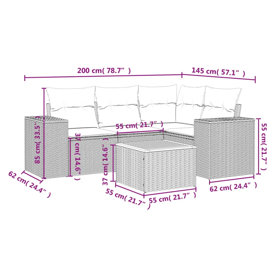 Salon de jardin 5 pcs avec coussins gris résine tressée - 3