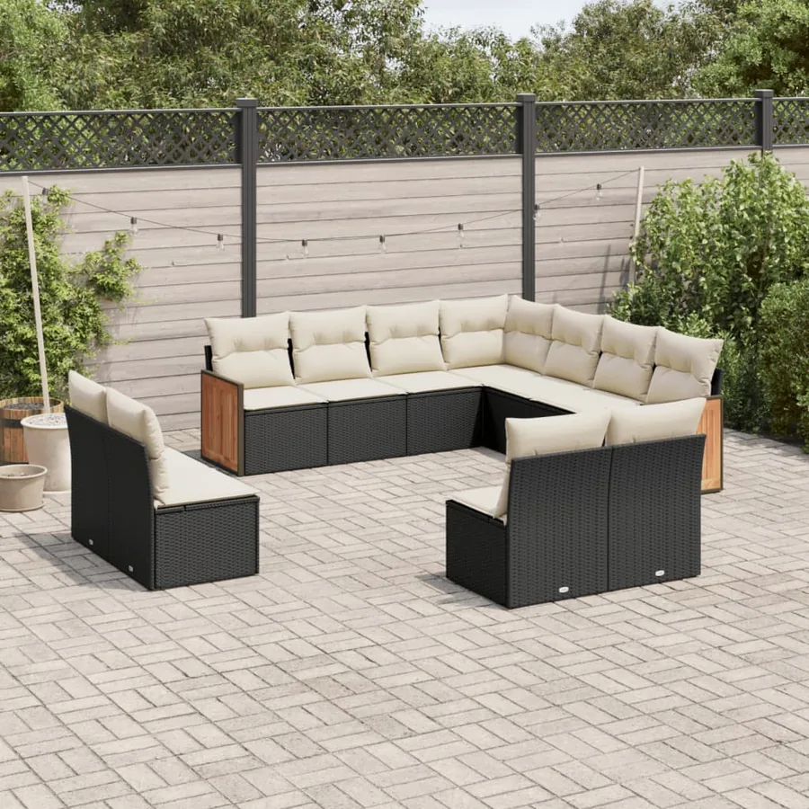 Salon de jardin 11 pcs avec coussins noir résine tressée