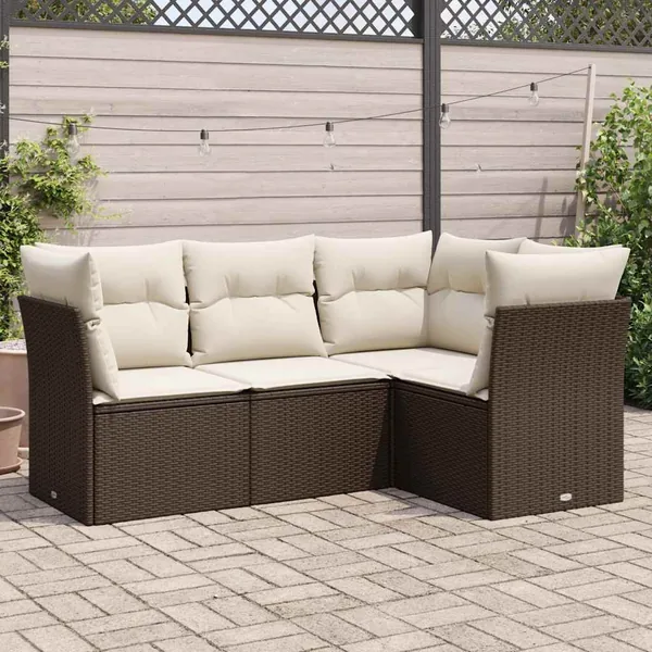 Salon de jardin 4 pcs avec coussins marron résine tressée