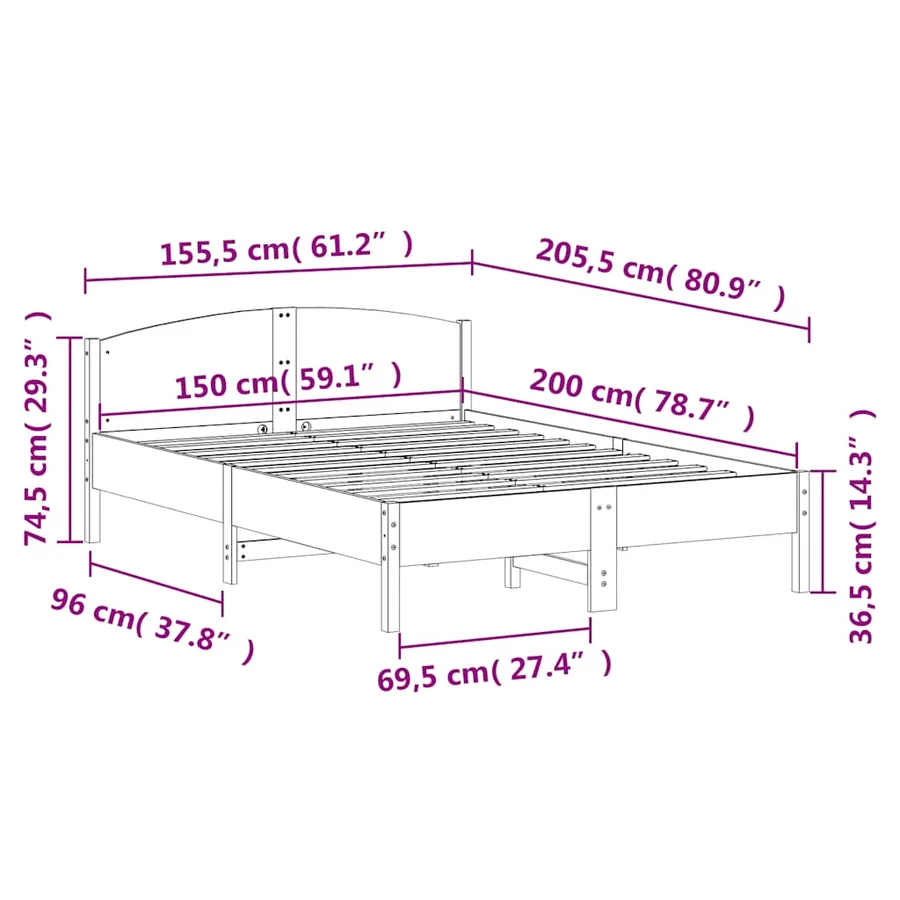 Cadre de lit sans matelas blanc 150x200 cm bois de pin massif - 9