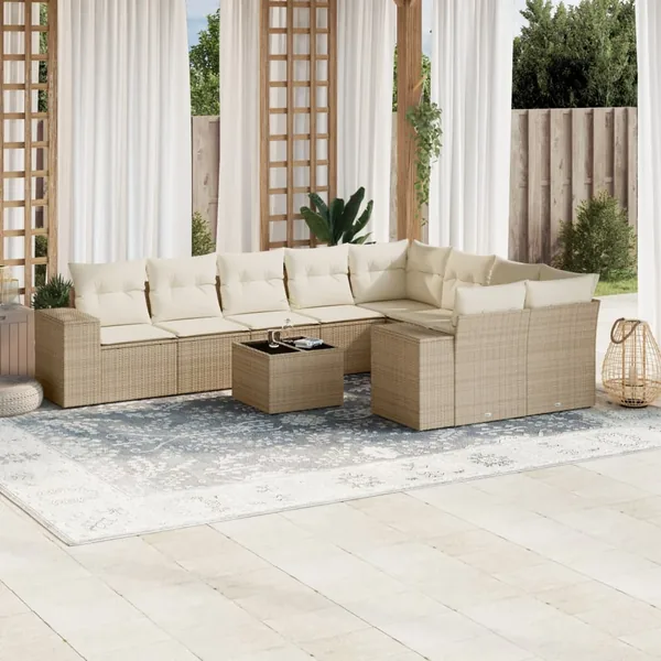 Salon de jardin avec coussins 10 pcs beige résine tressée