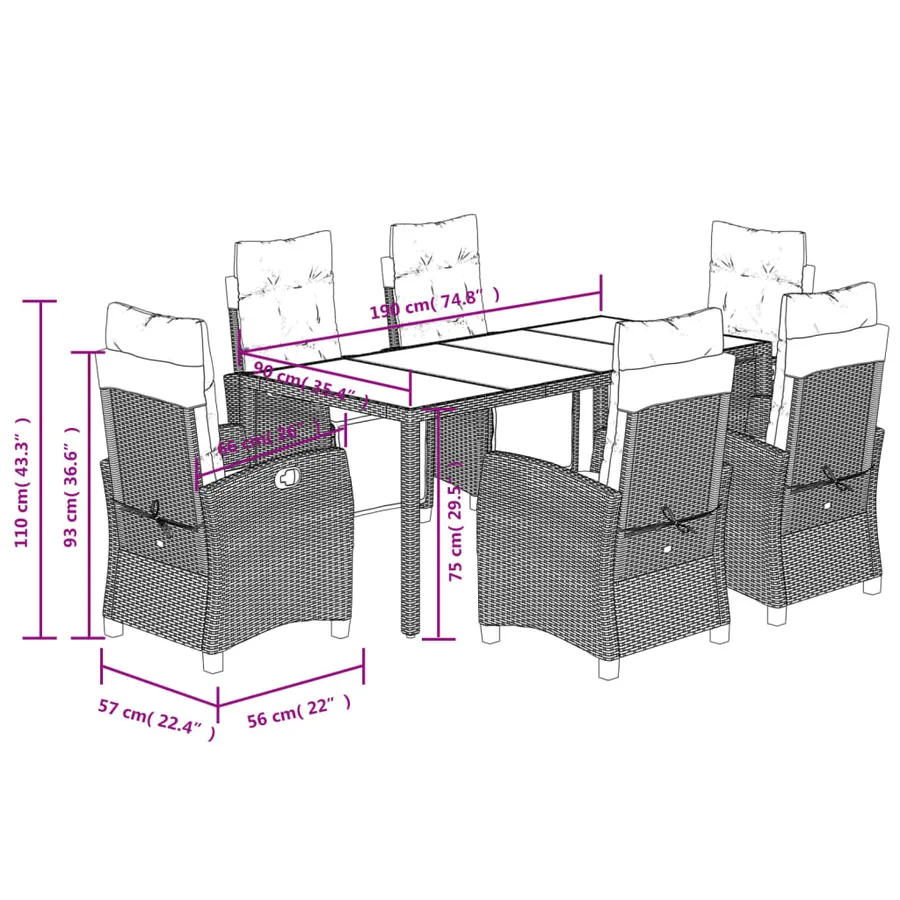 Ensemble à manger de jardin et coussins 7 pcs gris rotin - 9