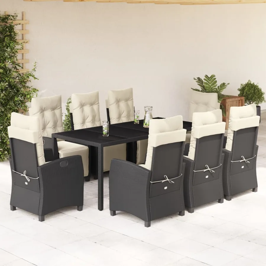 Ensemble à manger de jardin 9pcs coussins noir résine tressée