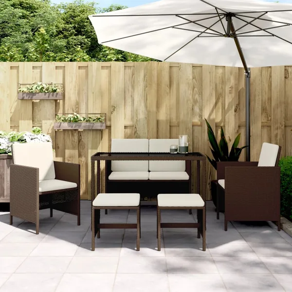Ensemble à manger de jardin et coussins 6 pcs marron rotin