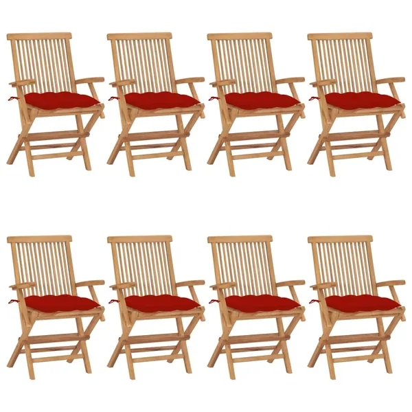Chaises de jardin avec coussins rouge lot de 8 Bois teck massif